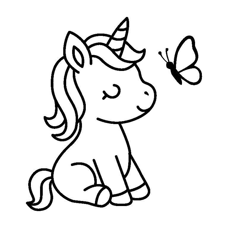 Cute Sitting Unicorn with Butterfly Outline Vector | Kawaii Unicorn Line Art